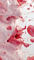 Dynamic splash of liquid hearts in shades of pink and red with droplets scattered across a light pink background