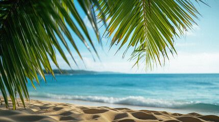 Tropical beach with palm leaves and sea on blue sky background