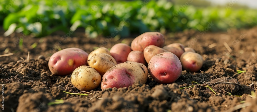 Poster vibrant fresh potato harvest in raw field soil: a bountiful display of freshness