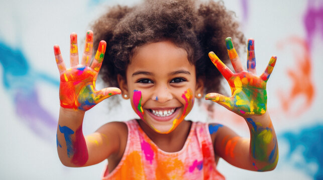 Happy african american little girl with hands painted in bright colors