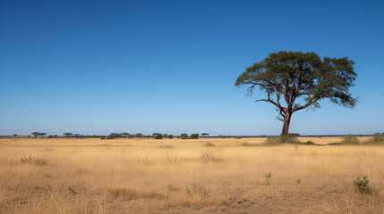 savannah plains, with low vegetation, sparse trees and wild animals
