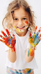 Cute little girl with hands painted in colorful paints isolated on white