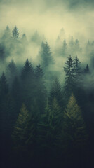 Foggy landscape with coniferous forest in the mountains .