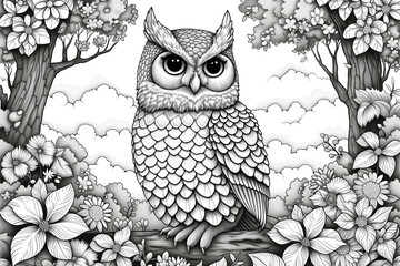 illustration of owl in Forest style with flowers and leaves. Adult and child coloring book