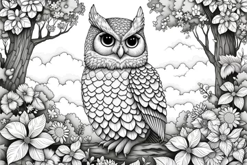 Fotobehang illustration of owl in Forest style with flowers and leaves. Adult and child coloring book © Bonya Sharp Claw