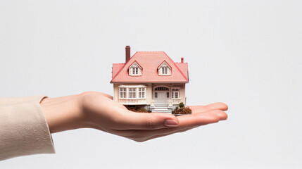 House model in woman hand on white background. Real estate concept .
