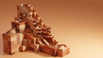 Wooden Marble Run Toy. Marble Machine with Wooden Blocks and Warm Lighting. Vintage Rolling Ball Sculpture. 3D Rendering