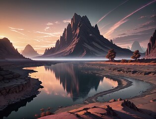 incredibly beautiful landscape with a mountain river. at sunrise. The bright colors of the ambient light are like something out of a game.