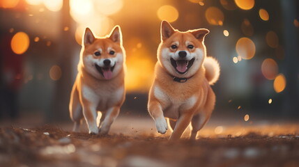 Shiba inu dogs running in the park with bokeh background. AI Generative.