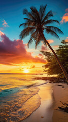 Beautiful tropical beach and sea with coconut palm tree at sunset time