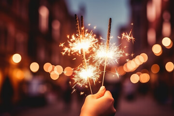 Woman hands holding sparkler on bokeh background. New year concept