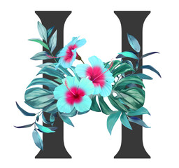 Letter. Turquoise floral alphabet with a composition of bouquets of tropical hibiscus flowers, palm leaves, paradise flowers. Wedding invitations, baby shower, birthday, other conceptual ideas