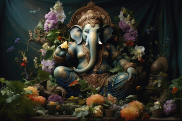 Ganesha statue with flowers and plants. Ganesha is a Hindu god