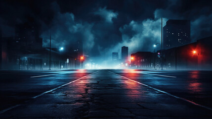 Night city street with lights, cars and buildings in fog .