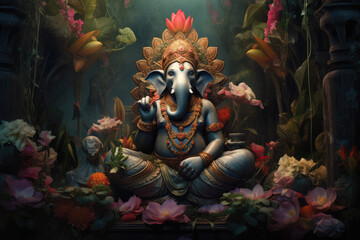 Ganesha statue with flowers and plants. Ganesha is a Hindu god.