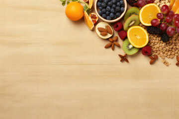 Obraz na płótnie Canvas Healthy food background with nuts, fruits and berries. Top view with copy space