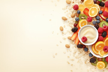Obraz na płótnie Canvas Healthy food background with nuts, fruits and berries. Top view with copy space