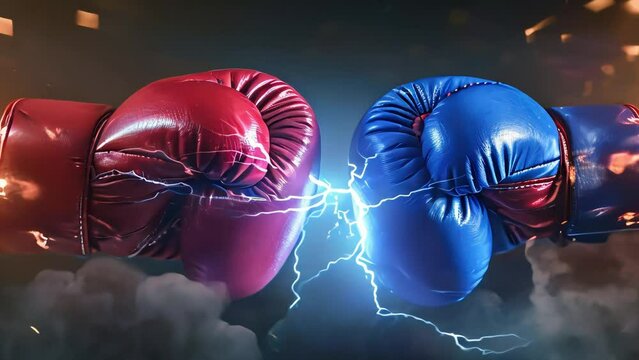 Blue and red boxing gloves in confrontation. smoke and lightning flashing between them. dramatic lighting. heated atmosphere before the fight. Generative AI