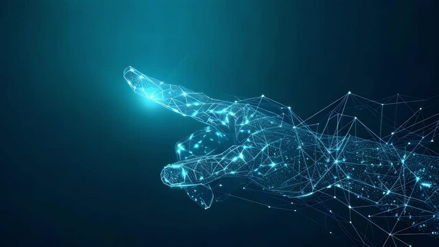 Digital image of a human hand in abstract form, consisting of luminous dots on a blue background. Generative AI