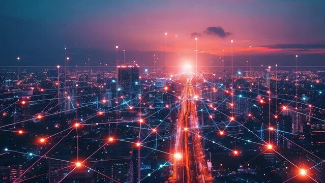 Smart city technology in the form of pixels with lines. communication and connectivity in the modern world, information transfer and the internet. Generative AI
