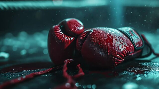 on the rigne after the fight. two boxing gloves in sweat and blood lying on the floor. unwrapped hand bandages. dramatic lighting. Generative AI