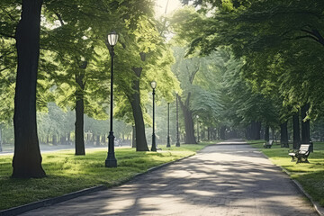 Green park with walkway and trees in spring, closeup of photo - obrazy, fototapety, plakaty
