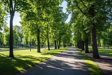 Green park with walkway and trees in spring, closeup of photo