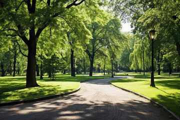 Green park with walkway and trees in spring, closeup of photo