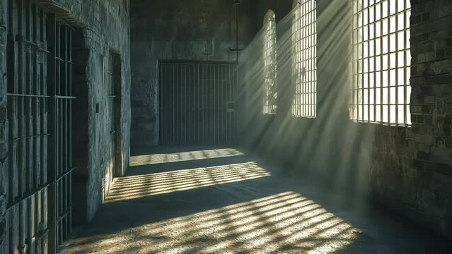 a prison corridor with windows and bars. an empty atmosphere of loneliness. Generative AI
