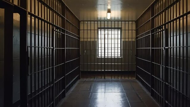 a prison corridor with windows and bars. an empty atmosphere of loneliness. Generative AI