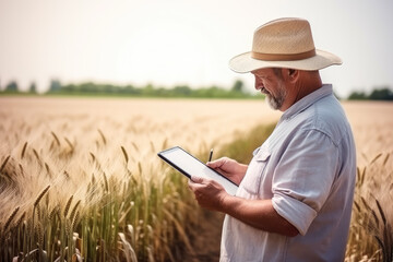 Naklejka na ściany i meble Senior farmer standing in wheat field and using digital tablet. Mature man wearing hat and shirt.