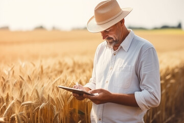 Senior farmer standing in wheat field and using digital tablet. Mature man wearing hat and shirt.
