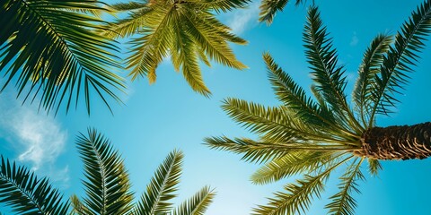 Naklejka premium Tropical paradise view through palm leaves under a clear blue sky. perfect for travel and nature themes. serene and relaxing. AI