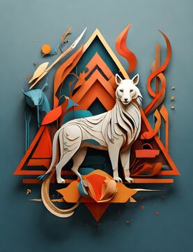 An abstract and geometric interpretation of a logo featuring a variety of animals, each one intricately designed and layered to create a visually stunning image.