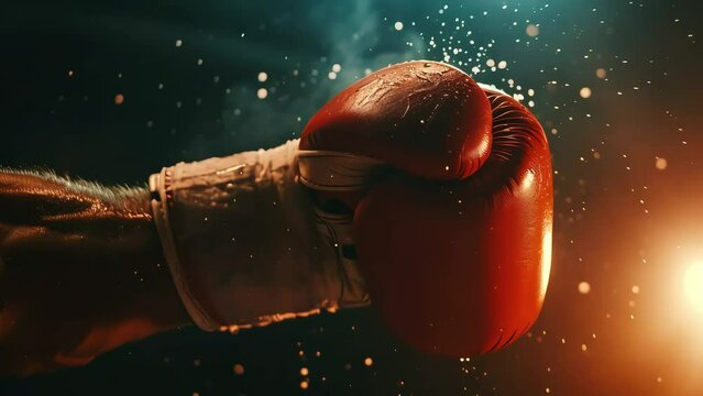 strong arm in boxer's red gloves, dramatic lighting, drops of sweat and smoke creating an epic punching atmosphere. Generative AI