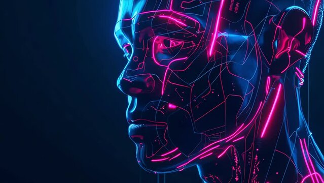 A male cyborg with glowing neon tattoos on his face. Generative AI