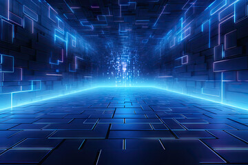 abstract technology background with blue glowing lines and grid, 3d render