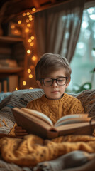 child reading a book in the dark, ai