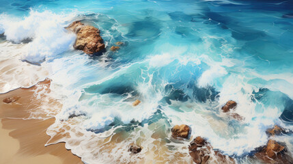 Aerial view of ocean waves breaking on the beach. Natural background