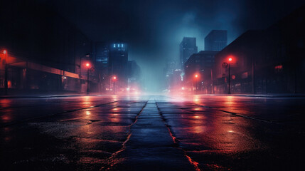 Foggy city street at night with neon lights .