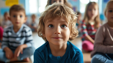 A little boy with bright eyes looking up while sitting in a classroom with other children.