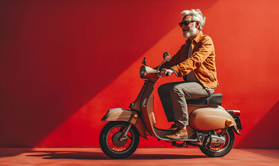 Obraz na płótnie Canvas A gray-haired, bearded elderly man rides a scooter posing sideways on an isolated red background