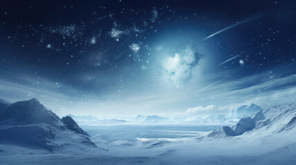 Fantasy winter landscape with snow covered mountains.  Rendering