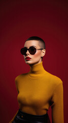 Attractive young woman in sunglasses and sweater looking at camera isolated on red