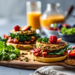 breakfast with juice on a wooden table