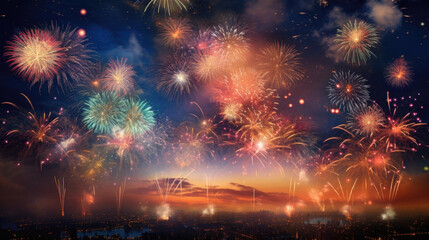 Colorful fireworks on the background of the night sky and the city - obrazy, fototapety, plakaty