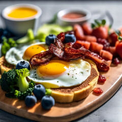 Top view of a nutritious breakfast with eggs on a board