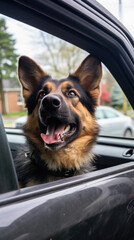 German shepherd dog sitting in a car with open mouth. Selective focus .