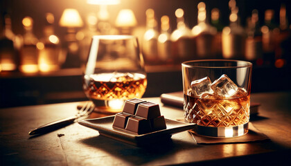 Whiskey on the rocks and chocolate at the bar