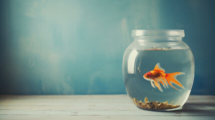 Goldfish in a glass jar on a blue background. Copy space . - obrazy, fototapety, plakaty